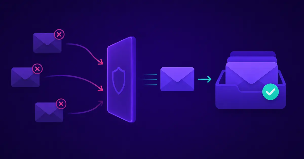 Email inbox with spam messages being blocked by a filter barrier