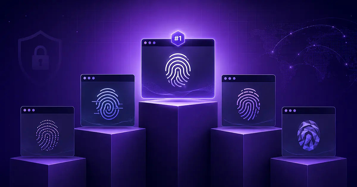 Five ranked antidetect browser icons with fingerprint patterns behind them