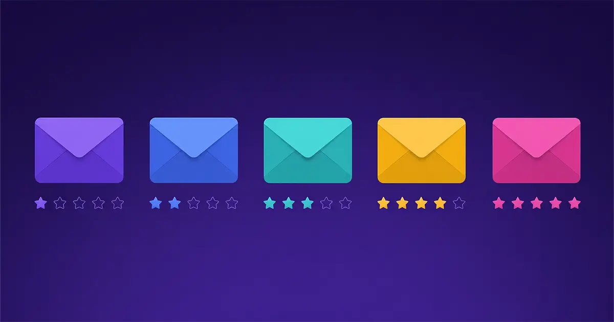 Five colorful email envelopes with star ratings representing temporary email service comparison