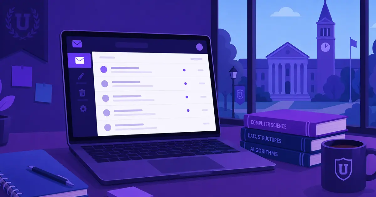 Student laptop with temporary email inbox open next to college textbooks