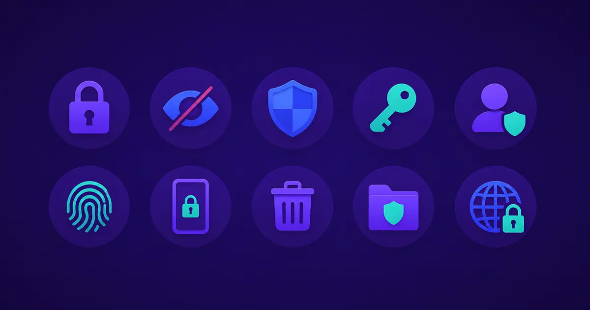 Grid of privacy icons including locks, shields, and keys representing email privacy tips
