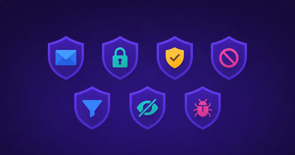 Seven shield icons representing email privacy protection strategies