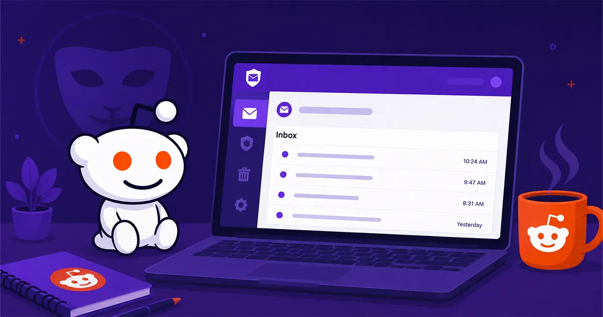 Reddit alien mascot next to a temporary email inbox on a laptop screen