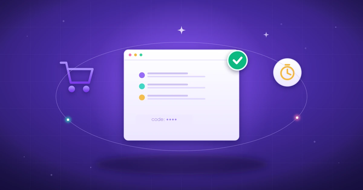 Shopping cart and package icon next to a temporary email inbox with a login code
