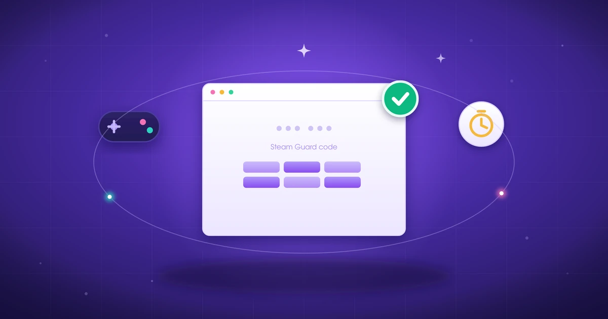 Game library interface with a Steam Guard style code prompt next to a temp mail inbox