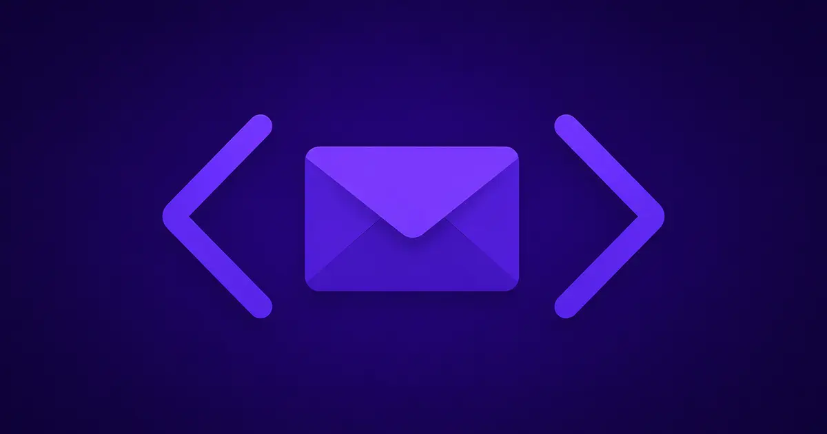 Code brackets containing an email envelope representing temporary email API for developers