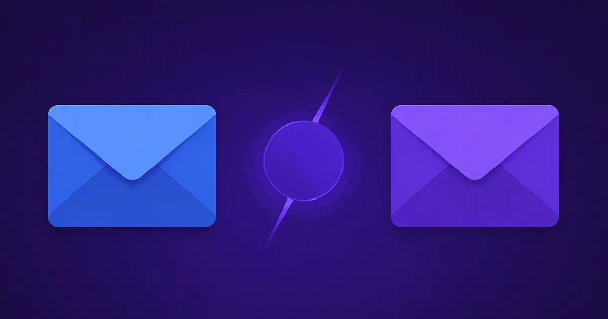 Two email envelopes side by side representing temp email versus email alias comparison
